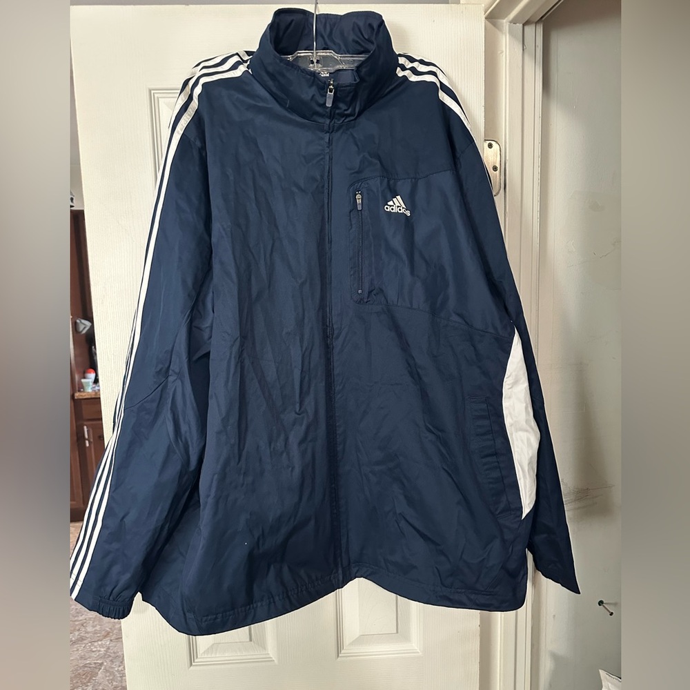 Like New Adidas Men's Dark Blue Windbreaker with White Accents Sz 2XL